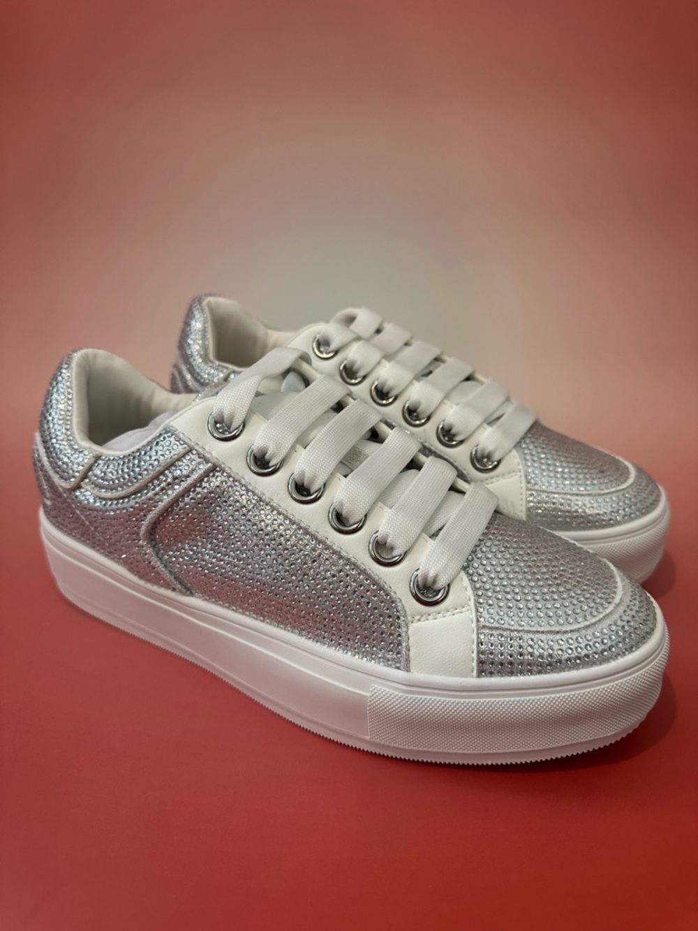 Cape Robbin Silver Rhinestone Platform Sneakers Sparkly Lace-Up